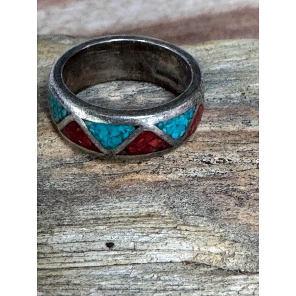 Vintage Sterling Silver Ring inlaid Red & Turquoise Stone 5.01g - Picture 1 of 7